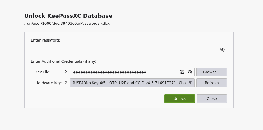 showing the unlock screen of keepassxc